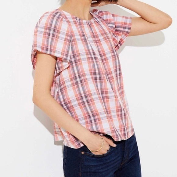 LOFT Plaid Flutter Sleeve Top With Button Detail Down Back - Picture 1 of 8